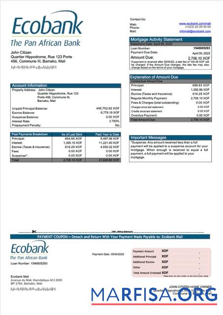 Downloadable Mali Ecobank Mali mortgage statement Word and PDF template